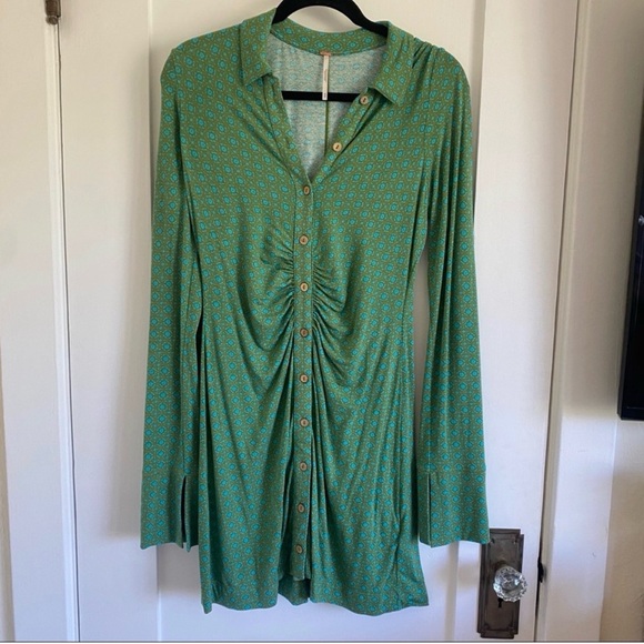 Free People Shayla Green Long Sleeve Printed Button Down Ruched Mini Dress L - Picture 2 of 8
